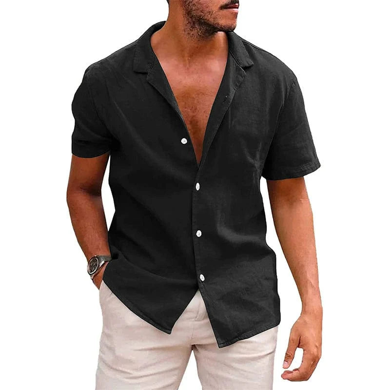 European-style men's solid color short-sleeve shirt with a summer point collar, button front, in a casual, modern design.