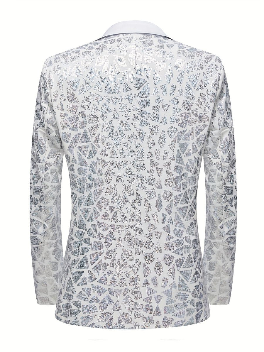 Men's slim fit sequin lapel suit jacket with single-breasted design, triangle sequins, perfect for evening parties and performances.