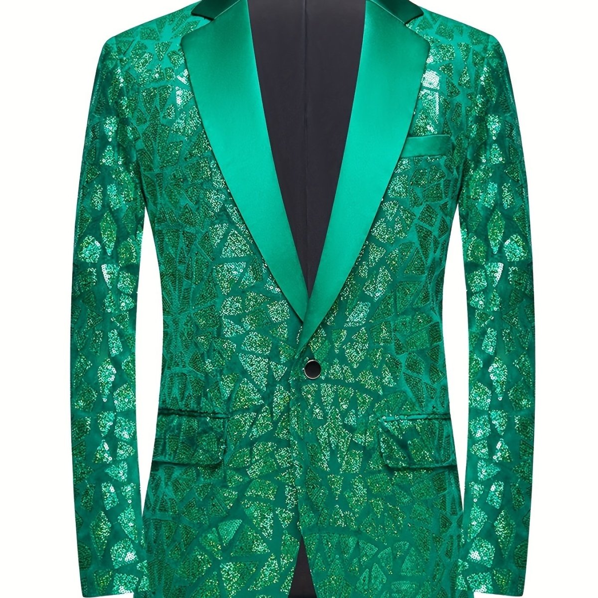 Men's slim fit sequin lapel suit jacket with single-breasted design and triangle sequins, suitable for evening parties and performances.