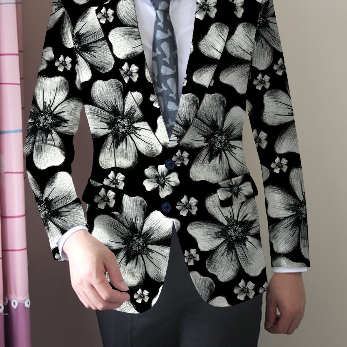 SHOWLU Men's skinny fit floral suit jacket made of woven polyester blend with elastane, featuring a lapel collar and button details.