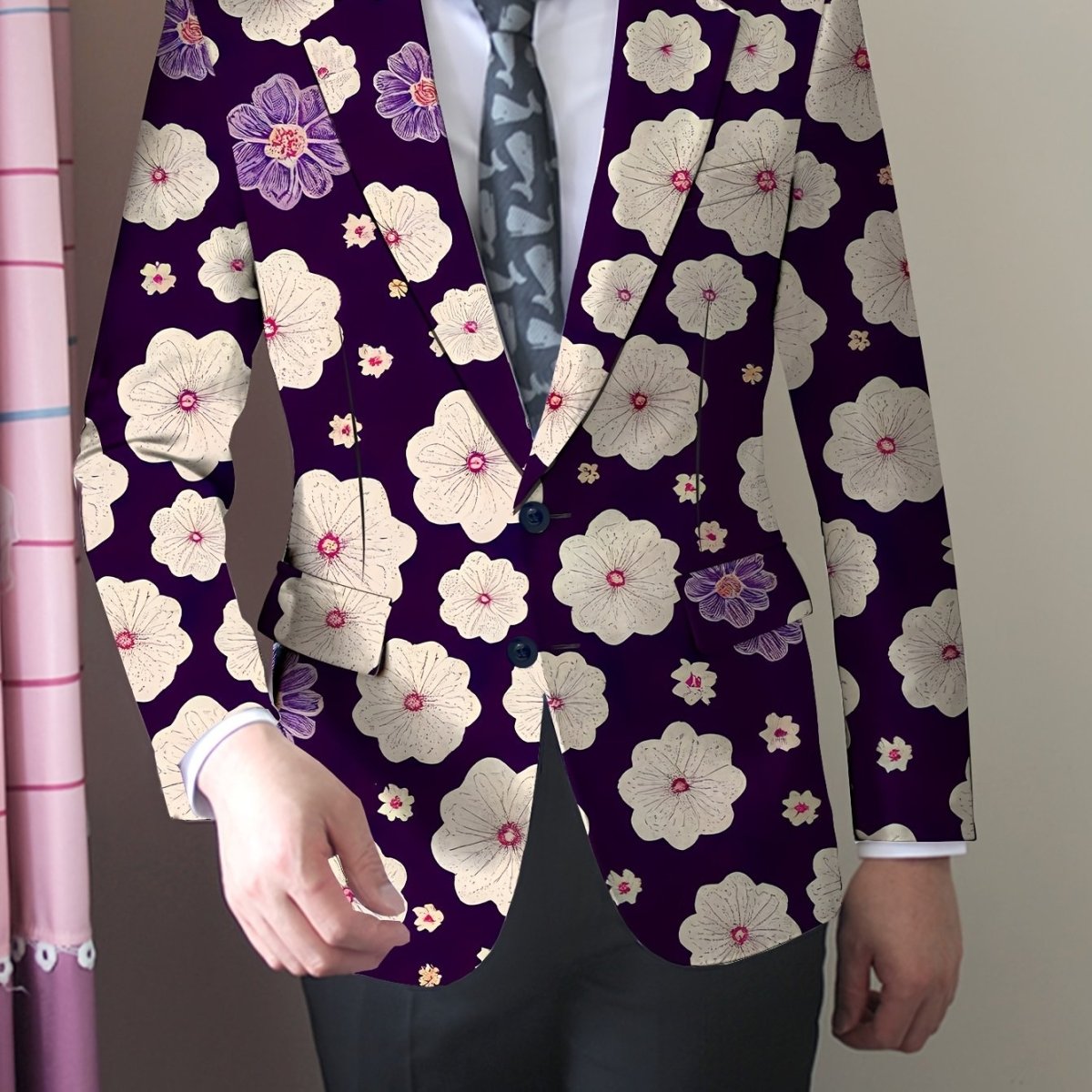 SHOWLU Men's floral suit jacket with skinny fit, woven polyester blend, lapel collar, button details, versatile all-season style