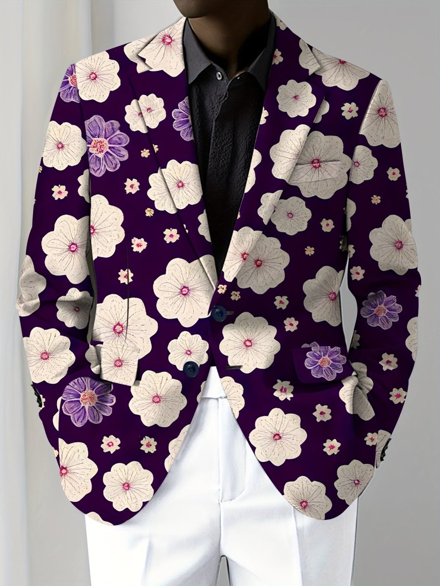 Men's SHOWLU floral suit jacket with skinny fit, woven polyester blend, elastane for stretch, lapel collar, all-season versatile style.
