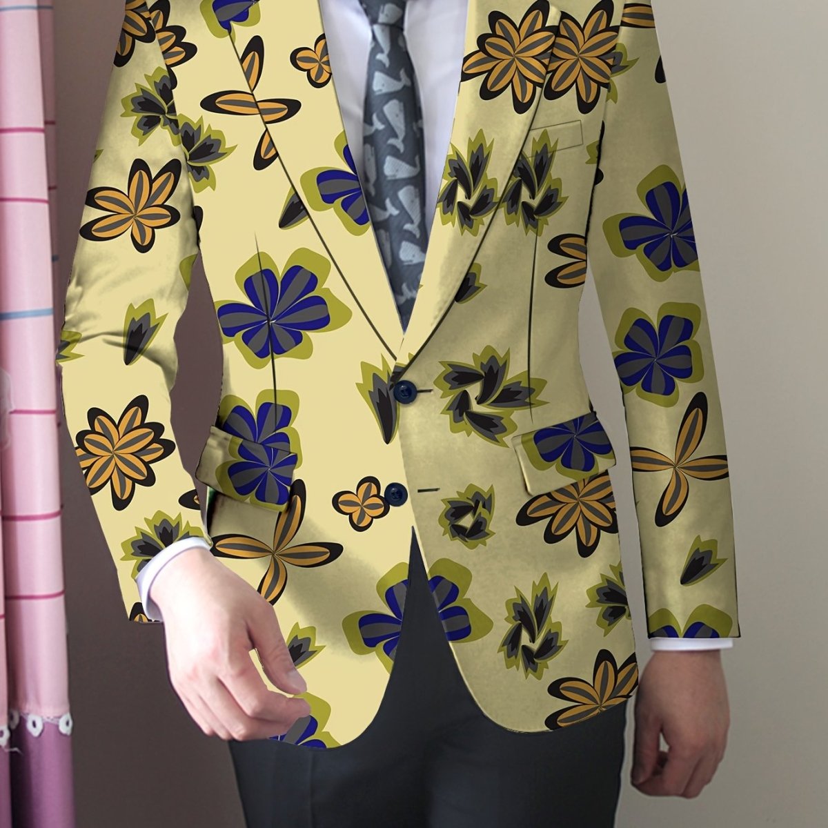 SHOWLU Men's floral skinny fit suit jacket in woven polyester blend with elastane, lapel collar, button details, versatile all-season style