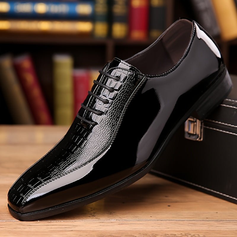 Men's Sleek Black Dress Shoes - Trendy Business & Party Formal Attire with Crocodile Texture, Lace - Up Design, Pointed Toe, Rubber Sole for All Seasons, Event Attire Shoes | Sleek Pointed Toe | Rubber Sole Footwear - SHOWLU FASHION STORE
