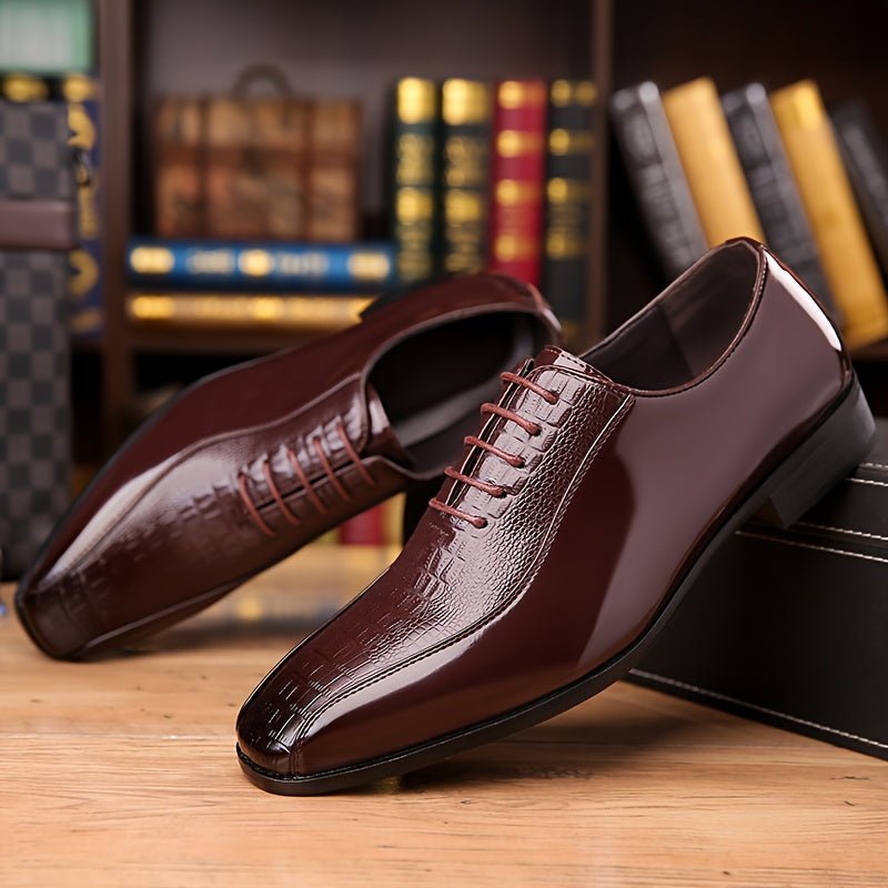 Men's black crocodile texture pointed toe lace-up dress shoes with rubber soles, suitable for formal, business, and party attire.
