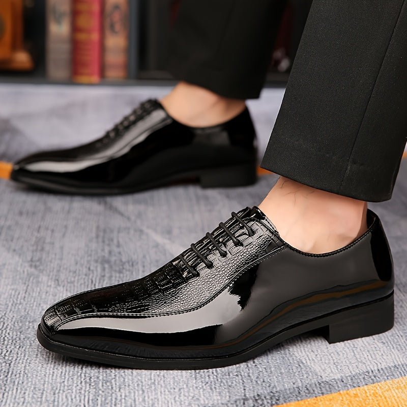 Men's black crocodile texture pointed toe lace-up dress shoes with rubber sole, stylish for formal, business, and party attire.