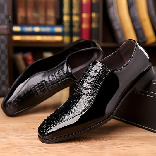 Men's Sleek Black Dress Shoes - Trendy Business & Party Formal Attire with Crocodile Texture, Lace - Up Design, Pointed Toe, Rubber Sole for All Seasons, Event Attire Shoes | Sleek Pointed Toe | Rubber Sole Footwear - SHOWLU FASHION STORE