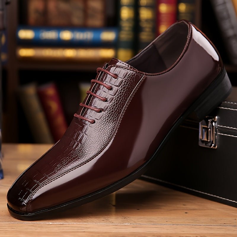 Men's black crocodile texture pointed toe lace-up dress shoes with rubber sole, sleek formal footwear for business or events.