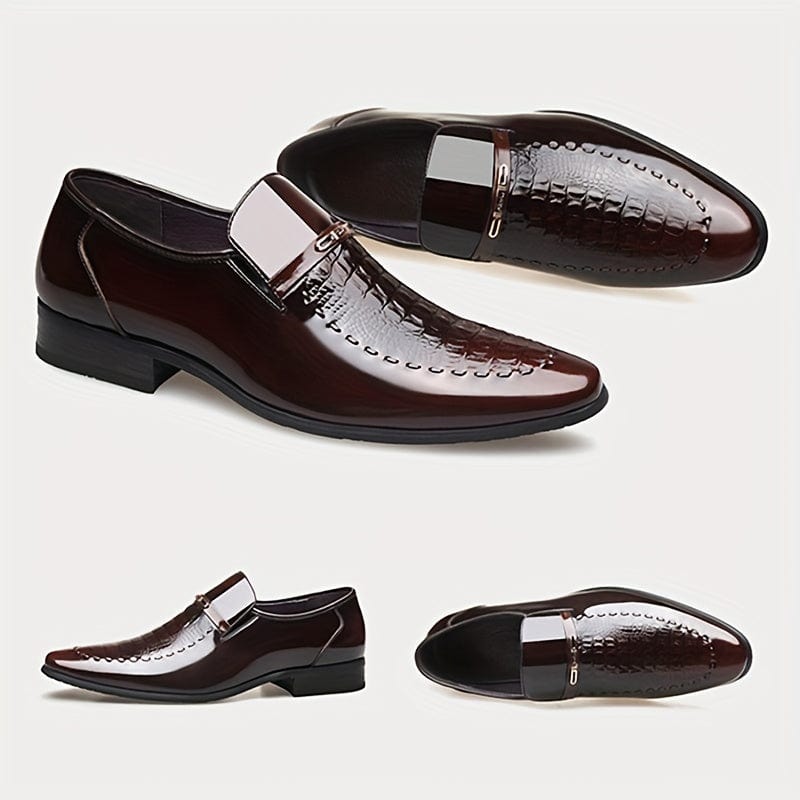 Men's crocodile-embossed faux leather slip-on shoes with pointed toes, rubber soles, suitable for business casual and office wear.