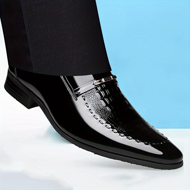 SHOWLU men's crocodile-embossed faux leather slip-on dress shoes with pointed toe and rubber sole, ideal for business and casual wear