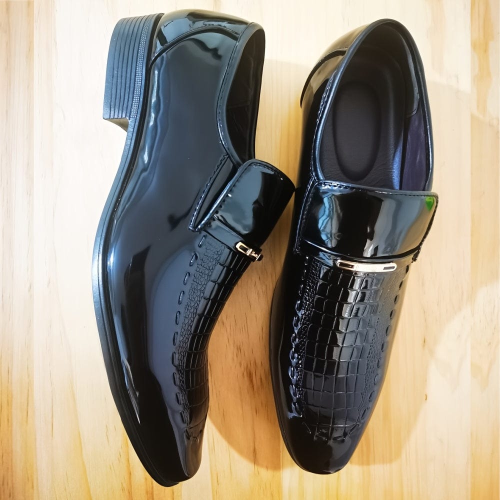 SHOWLU men's crocodile-embossed faux leather slip-on dress shoes with pointed toe and rubber sole, ideal for business and casual wear