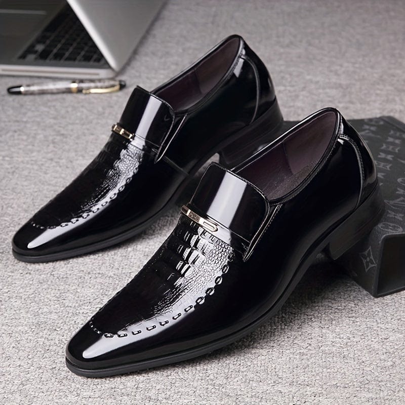 SHOWLU men's crocodile-embossed faux leather slip-on dress shoes with pointed toe and rubber sole, suitable for office and formal wear