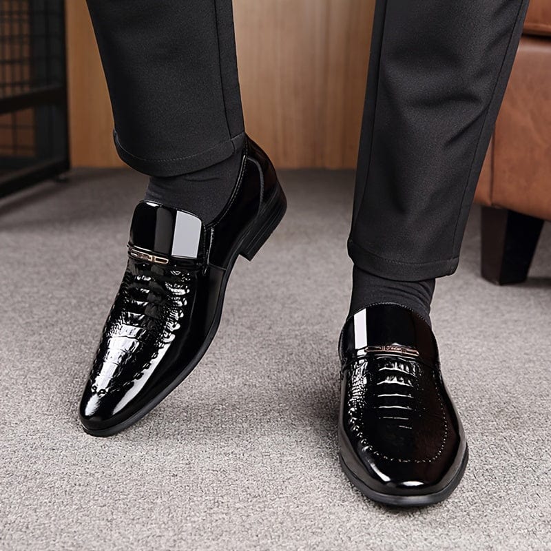SHOWLU men's crocodile-embossed faux leather slip-on dress shoes with pointed toe, rubber sole, suitable for business or casual wear.