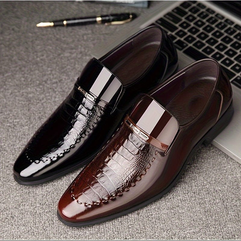 SHOWLU men's crocodile-embossed faux leather slip-on dress shoes with pointed toe and rubber sole, ideal for business and casual wear