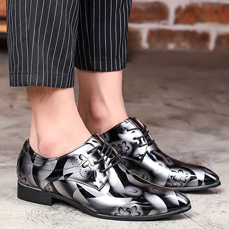 SHOWLU FASHION men's floral lace-up pointed-toe formal dress shoes with stylish floral pattern for weddings and special occasions.
