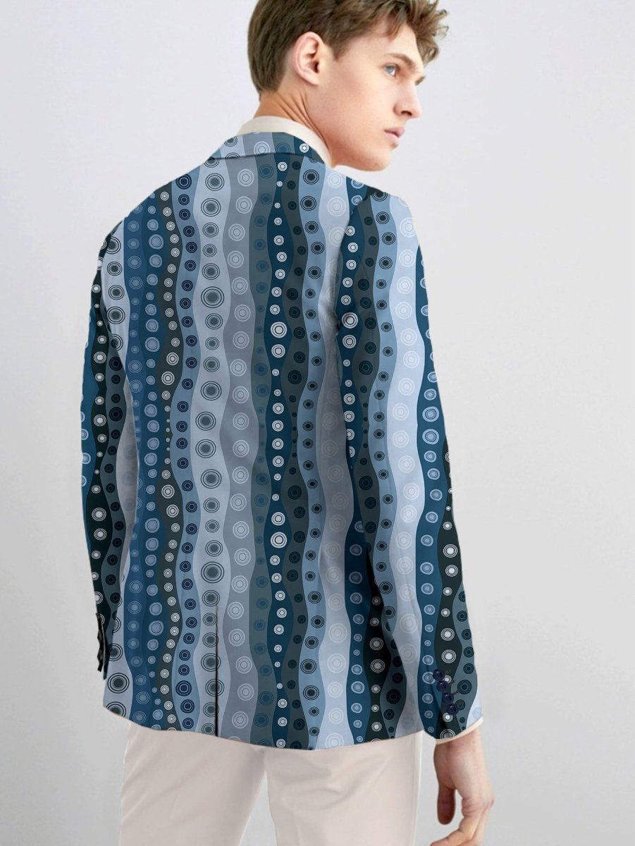 Men's slim-fit casual blazer with random print, polyester fabric, button details, suitable for all seasons, stylish men's fashion.