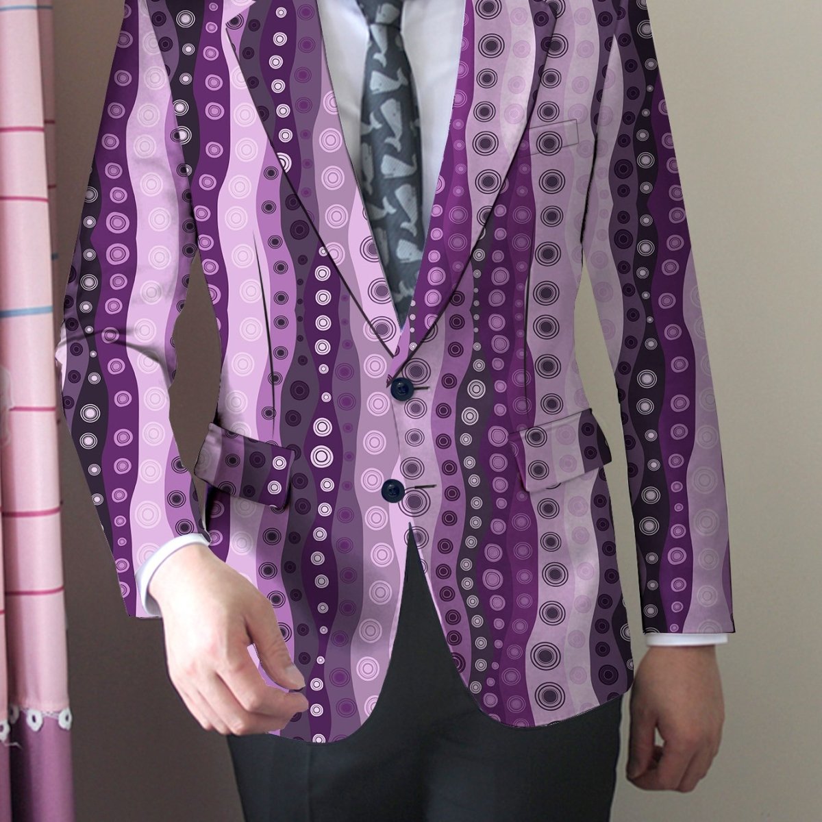 Men's slim-fit casual blazer by SHOWLU FASHION STORE with random print, polyester fabric, elastane accents, and button details.