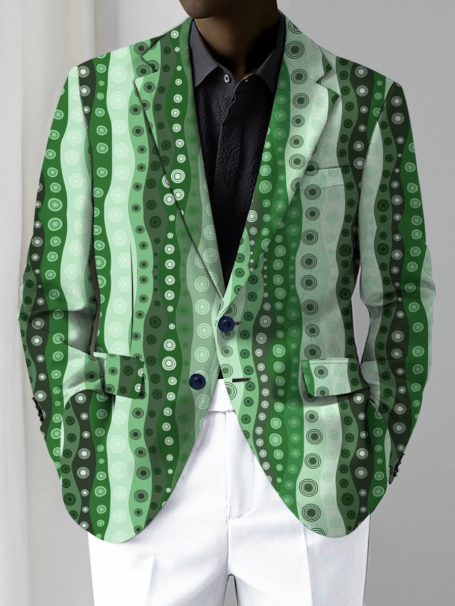 Men's slim-fit casual blazer by SHOWLU with a random print, polyester fabric, button details, suitable for all seasons and formal wear.