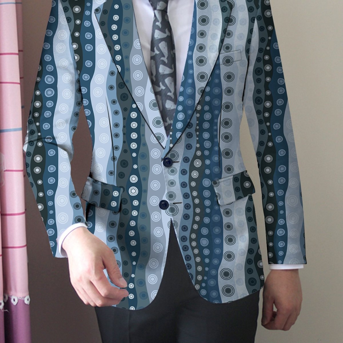SHOWLU Men's slim-fit casual blazer with random print, polyester fabric, button detail, suitable for all seasons and formal wear.
