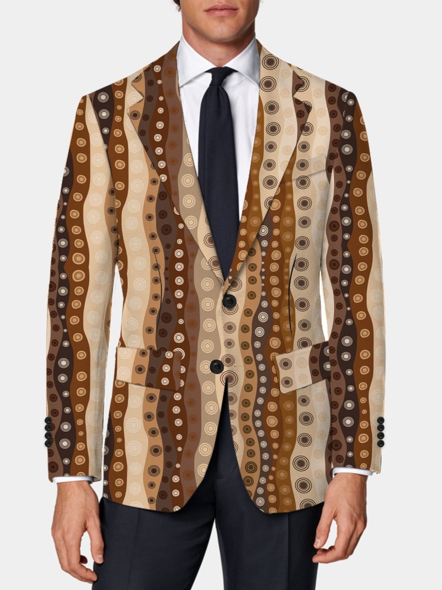 Men's slim-fit casual blazer with random print design, polyester fabric, button details, suitable for all seasons, stylish and modern.