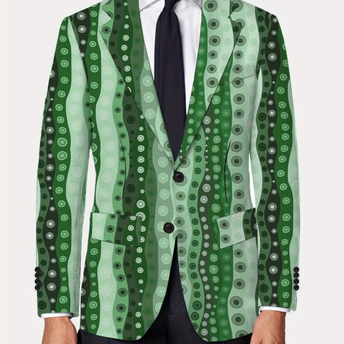 Men's slim-fit casual blazer with random print, polyester fabric, button details, stylish design, suitable for all seasons.