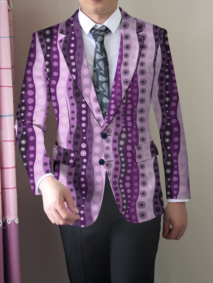 Slim-fit men's casual blazer by SHOWLU with random print, polyester fabric, button details, suitable for all seasons and modern formal wear.