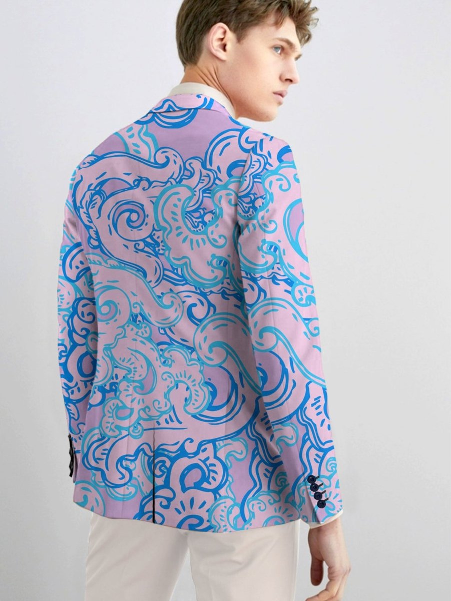 SHOWLU Men's slim fit floral print blazer in pink and blue with double-breasted buttons, stylish casual or formal jacket.