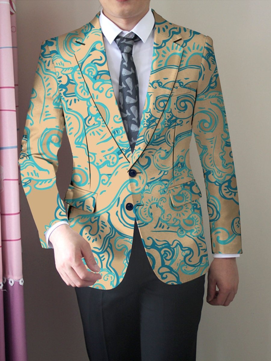 SHOWLU Men's slim fit floral print blazer in pink and blue with double-breasted buttons, stylish casual or formal jacket.