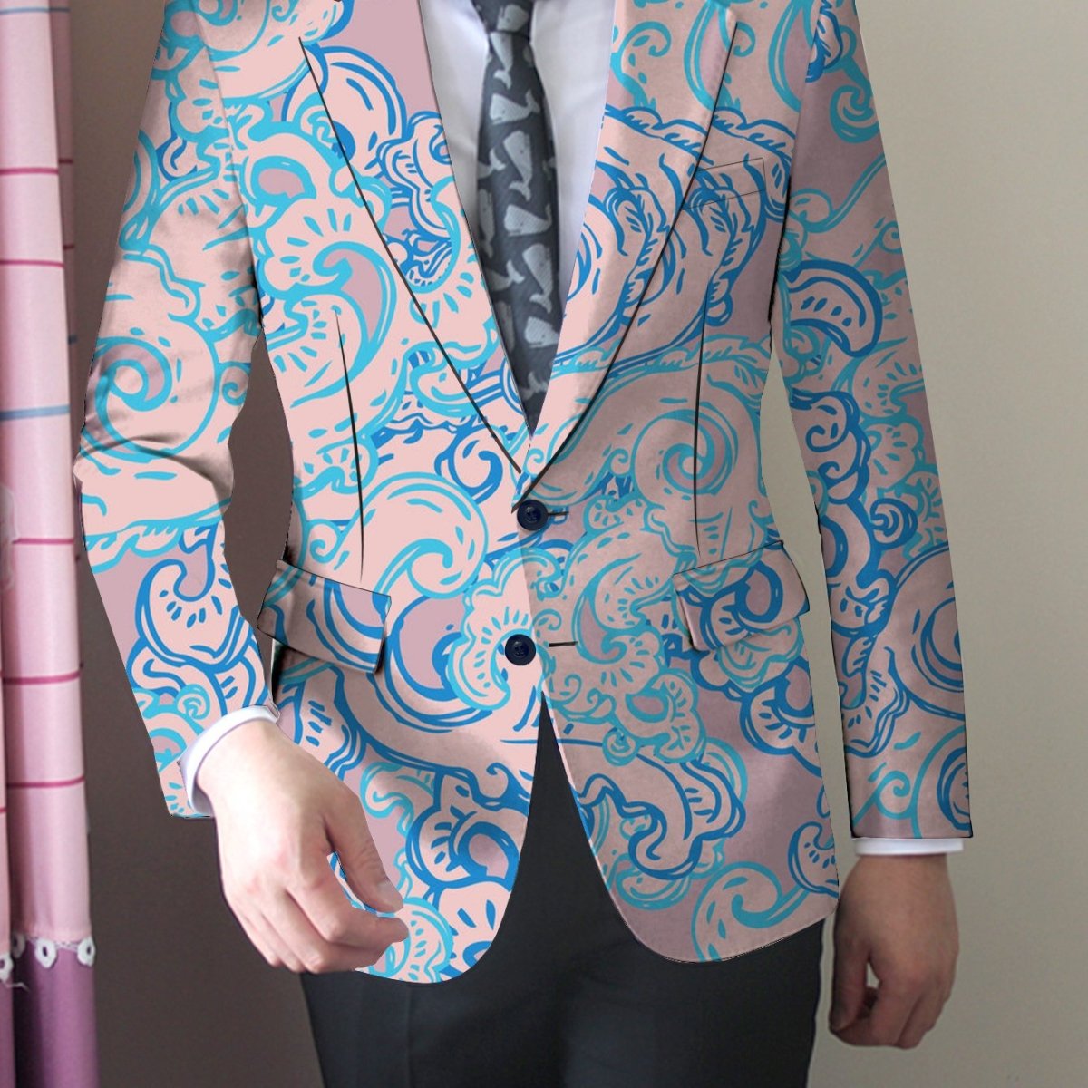 SHOWLU Men's slim fit floral print blazer in pink and blue with double-breasted buttons, stylish for formal or casual occasions.