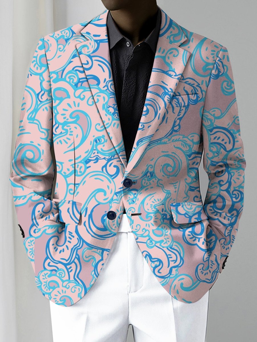 Men's slim fit floral print blazer by SHOWLU FASHION STORE, pink and blue double-breasted patterned jacket for formal or casual wear.