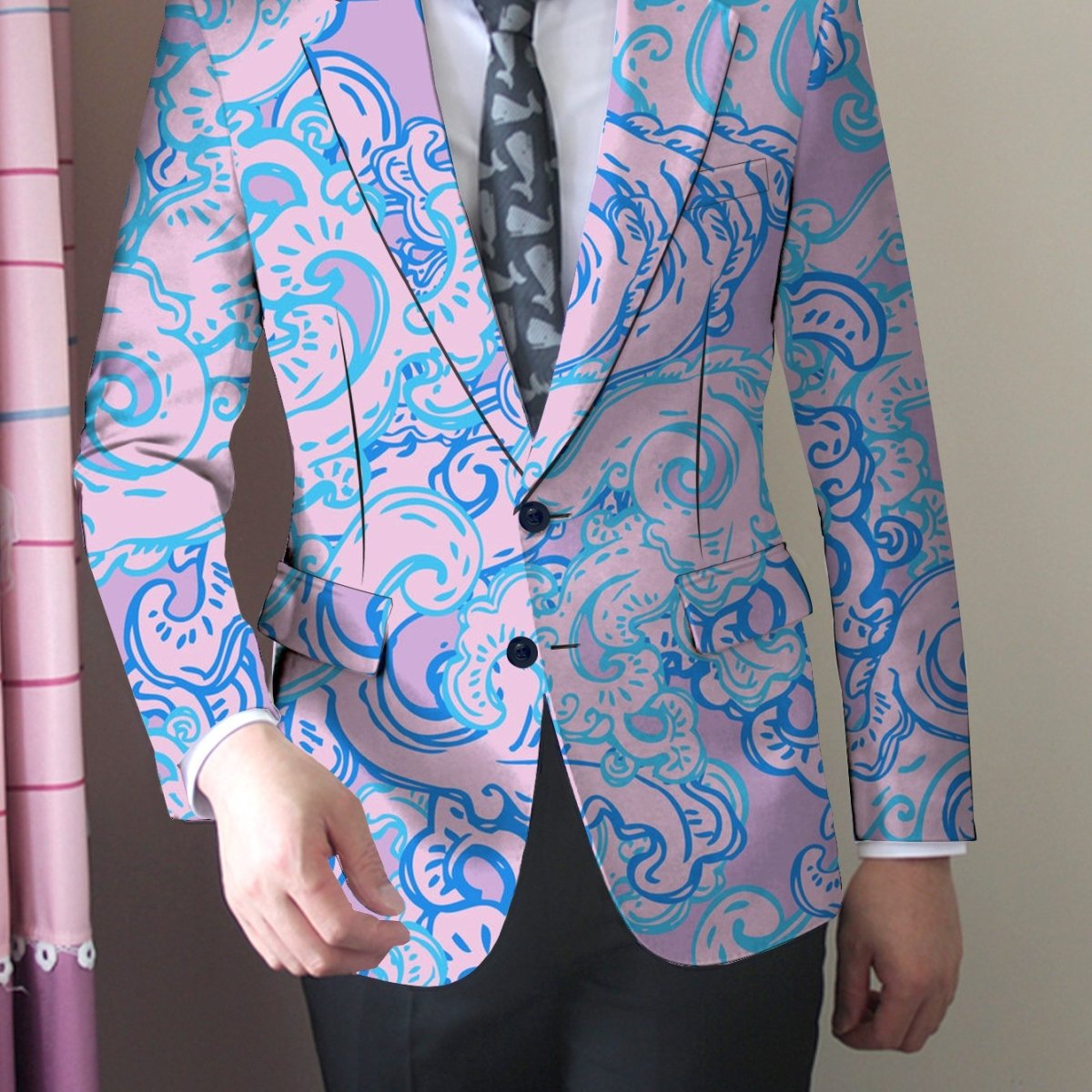 SHOWLU Men's slim fit floral print blazer in pink and blue with double-breasted buttons, stylish casual or formal jacket.
