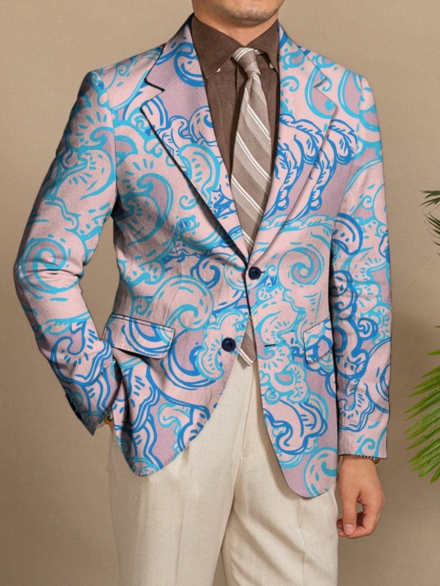 SHOWLU Men's slim fit floral print blazer in pink and blue with double-breasted buttons, stylish casual jacket for formal occasions
