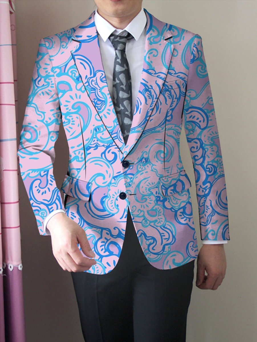 SHOWLU Men's slim fit floral print blazer in pink and blue with double-breasted buttons, stylish casual jacket for formal occasions