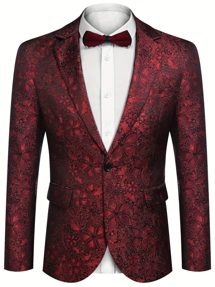 Men's blue paisley floral tuxedo jacket by SHOWLU, slim fit party blazer with vibrant pattern, long sleeves for weddings and proms.