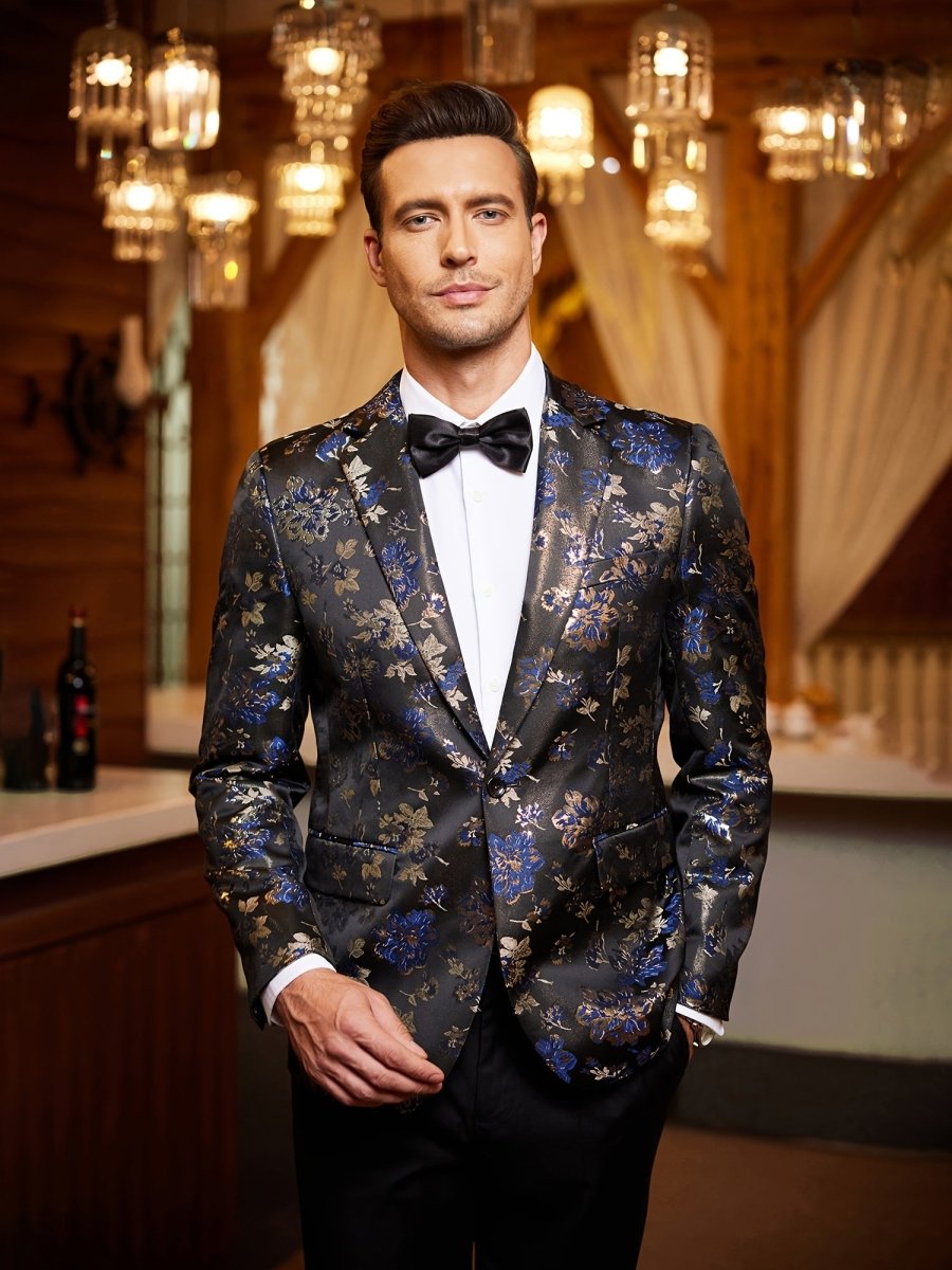 Men's blue paisley floral tuxedo jacket with slim fit cut, long sleeves, ideal for weddings, proms, and festive parties.
