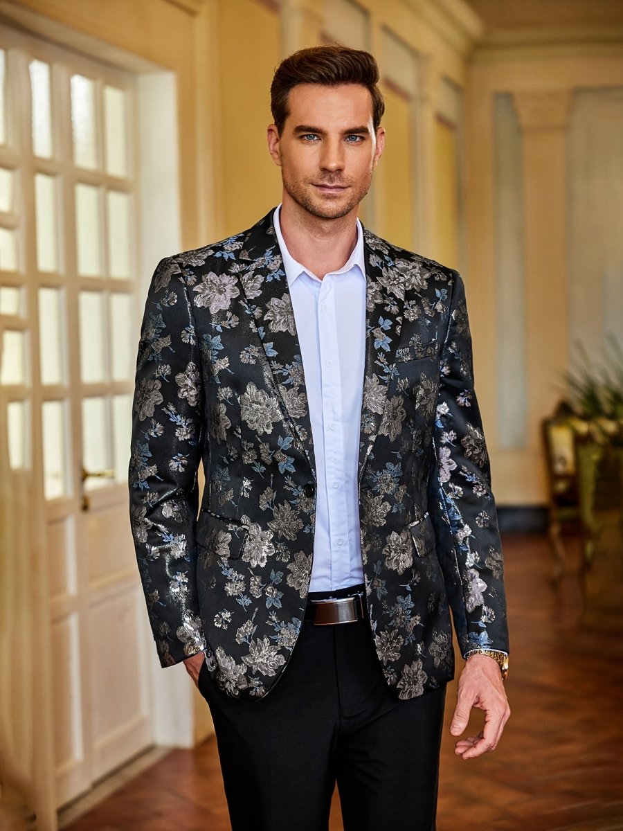 Men's blue paisley floral tuxedo jacket from SHOWLU FASHION STORE, slim fit party blazer with long sleeves for weddings and proms.