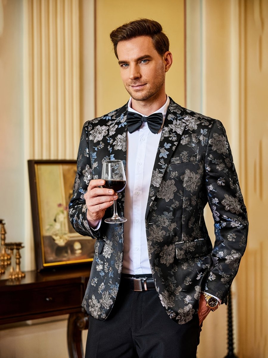 Men's blue paisley floral tuxedo jacket by SHOWLU Fashion Store, slim fit party blazer with long sleeves for weddings and special events.