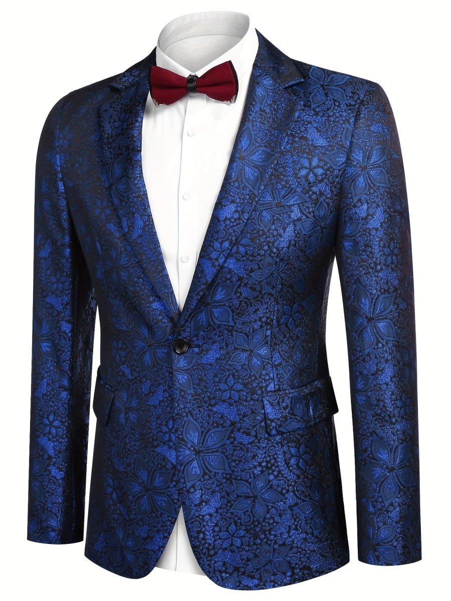 Men's blue paisley floral tuxedo jacket, slim fit party blazer with long sleeves, ideal for weddings, proms, and festive events.