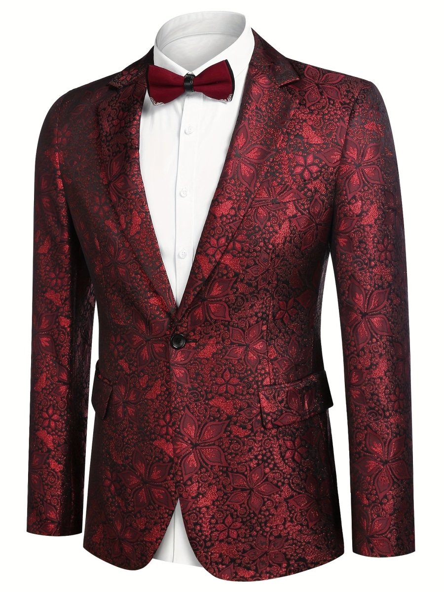 Men's blue paisley floral tuxedo jacket with slim fit, long sleeves, vibrant pattern, suitable for weddings, proms, and parties.