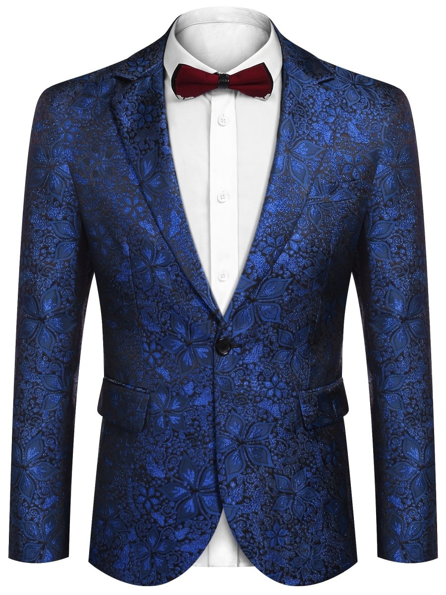 Men's blue paisley floral tuxedo jacket by SHOWLU FASHION STORE, slim fit long-sleeve blazer for weddings, proms, and parties.