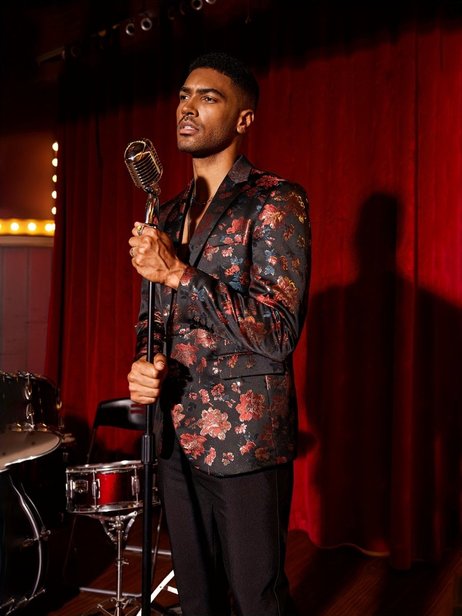 Men's blue paisley floral tuxedo jacket by SHOWLU FASHION STORE, slim fit long-sleeve blazer for weddings, proms, and parties.