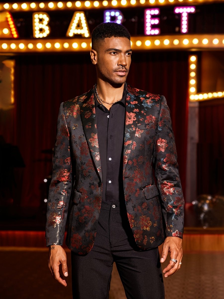 Men's blue paisley floral tuxedo jacket by SHOWLU FASHION STORE, slim fit party blazer with long sleeves for weddings and special events.