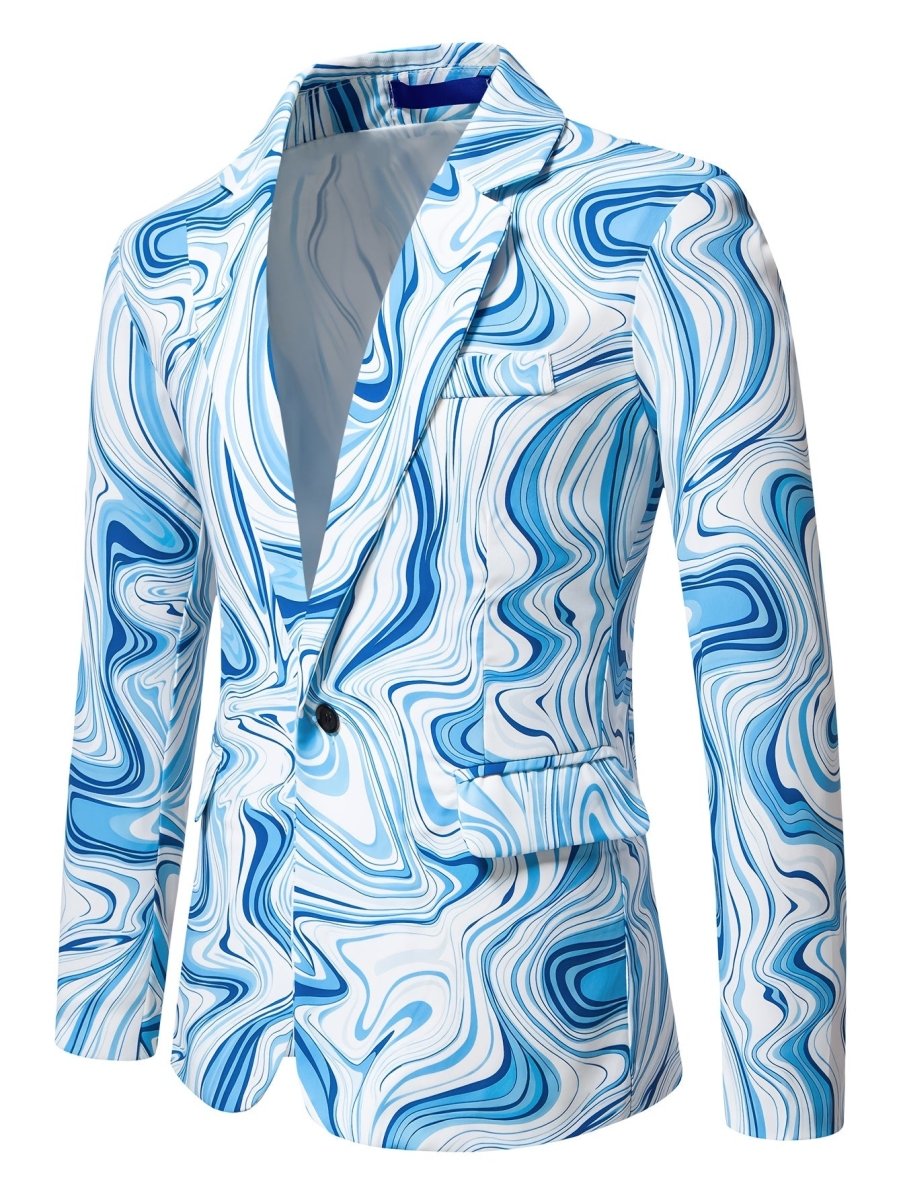 Men's slim-fit geometric print blazer by SHOWLU FASHION, stylish blue and white long-sleeve jacket with swirling pattern.