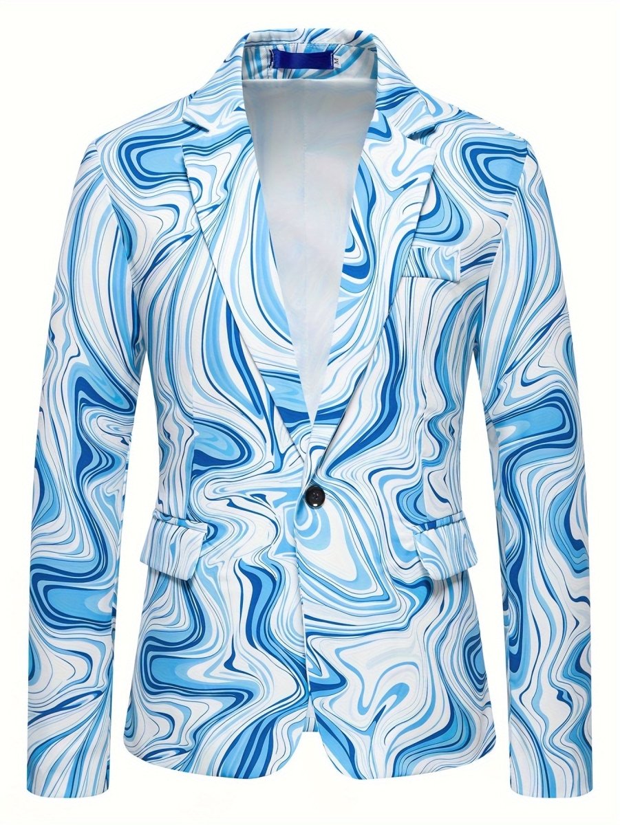 SHOWLU FASHION men's slim-fit blazer with blue and white geometric swirl pattern, long sleeves, casual polyester jacket for fall and winter.