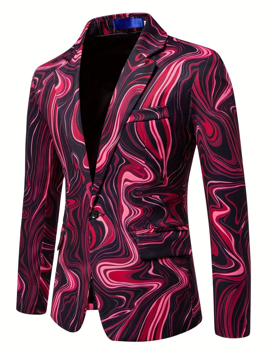 Men's slim-fit blazer by SHOWLU FASHION with blue and white geometric swirling pattern, stylish long-sleeve casual blazer for fall and winter.