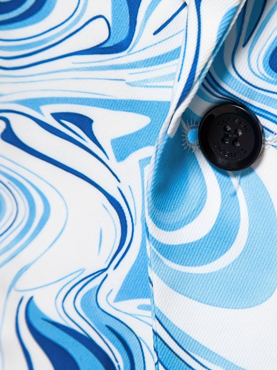 Men's slim-fit blazer by SHOWLU FASHION with geometric blue and white swirl pattern, long sleeves, casual style, polyester fabric.