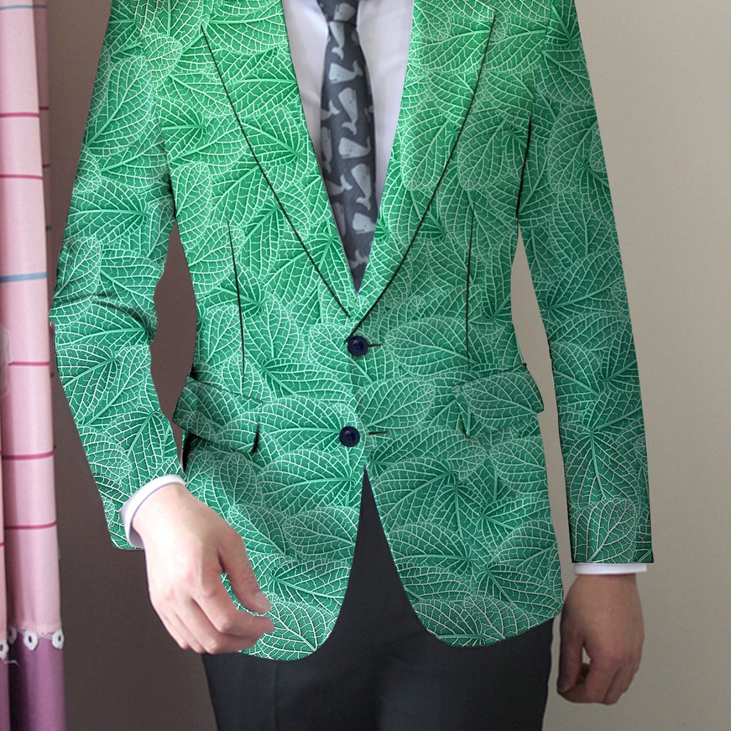 Men's green leaf pattern slim fit blazer by SHOWLU FASHION STORE, casual polyester jacket with button details and all-season wear.