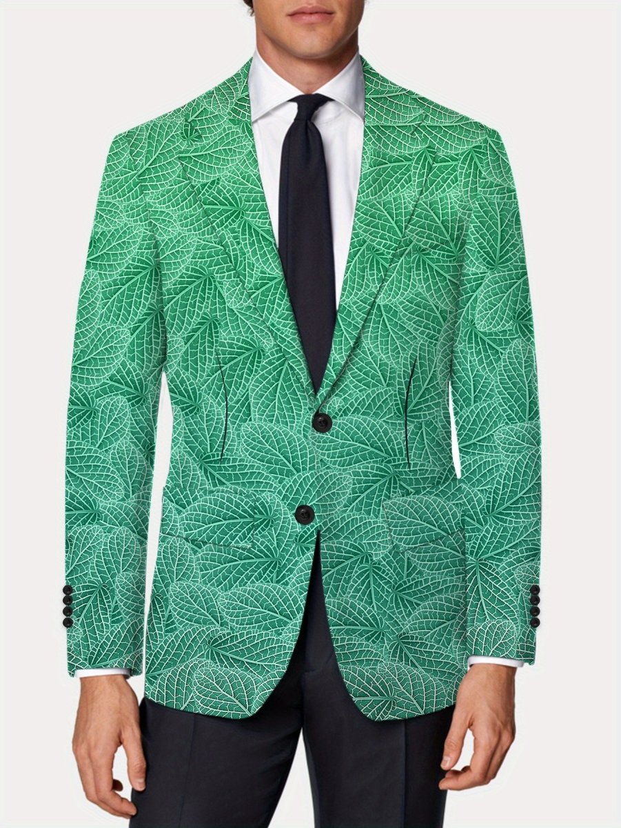 Men's green leaf pattern slim fit blazer by SHOWLU FASHION STORE, casual American-style polyester jacket with button details.