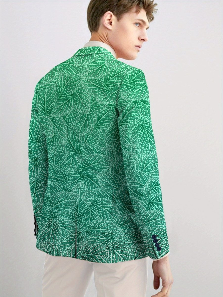 Men's green leaf pattern slim fit blazer by SHOWLU FASHION STORE, casual American style polyester jacket with button details.