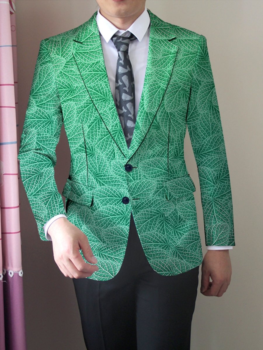 Men's green leaf pattern slim fit blazer by SHOWLU, casual polyester jacket with button details, all-season American style.